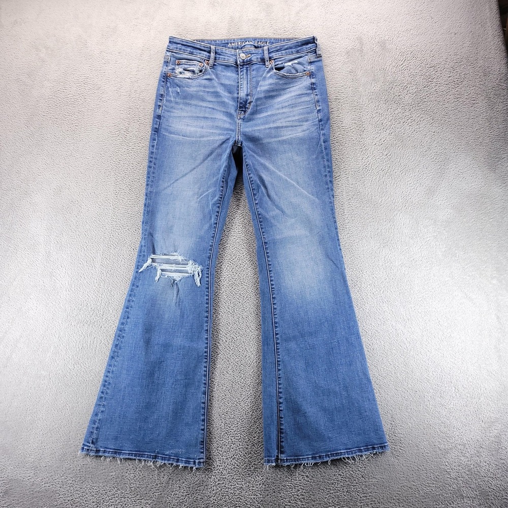 American Eagle Jeans Womens 10 Blue Super High Rise Flare Distressed Stretch